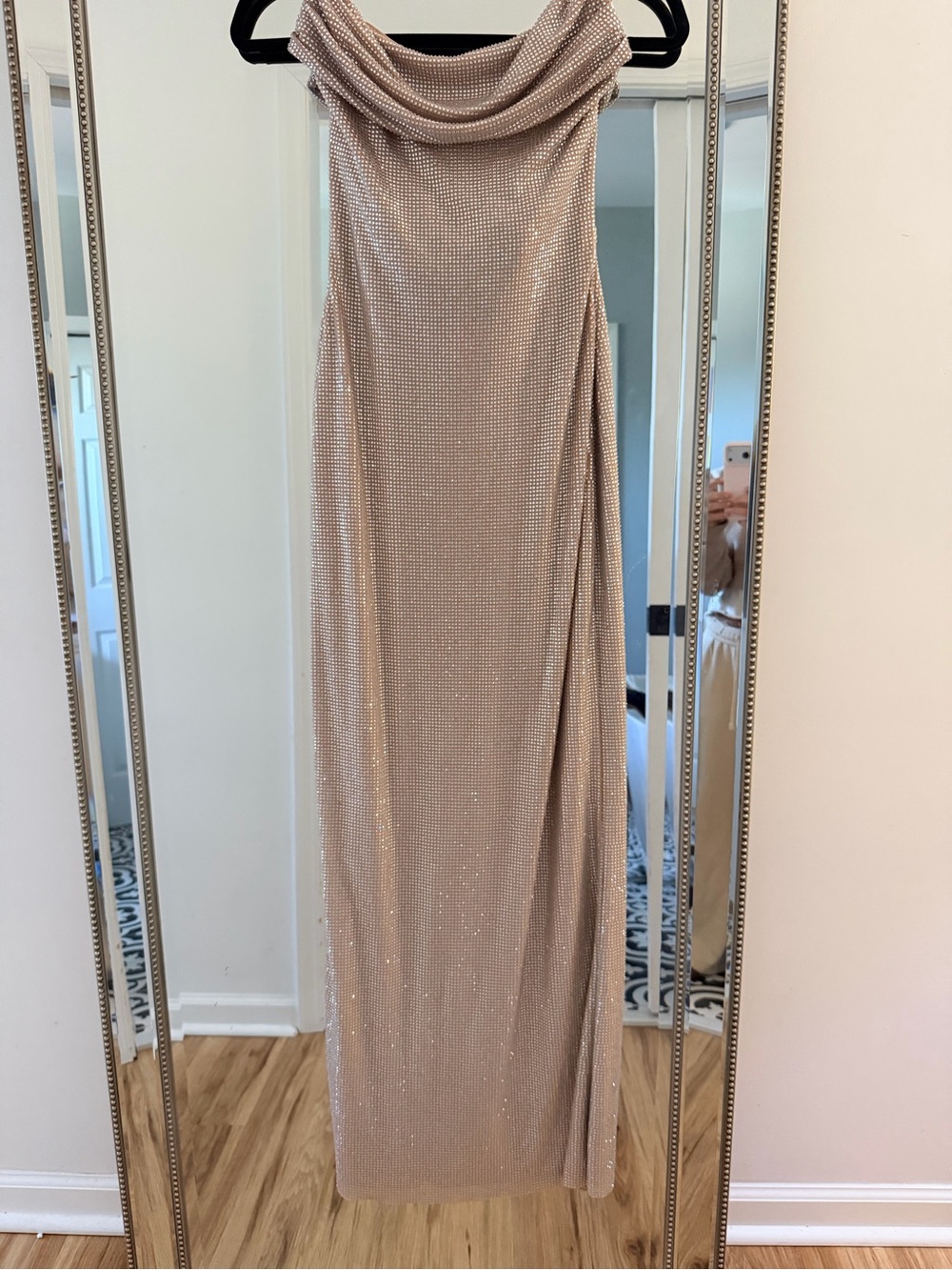 Strapless Nude Sparkle Cowl Neck Evening Dress
